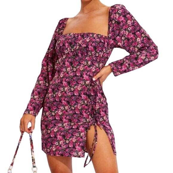 Pretty Little Thing Dress Womens Black Pink Floral Bow Slit Bodycon Cottagecore - Picture 13 of 13